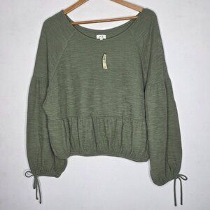 NEW Aerie L Women Endless Summer Cropped Sweatshirt Balloon Tie Sleeve Green